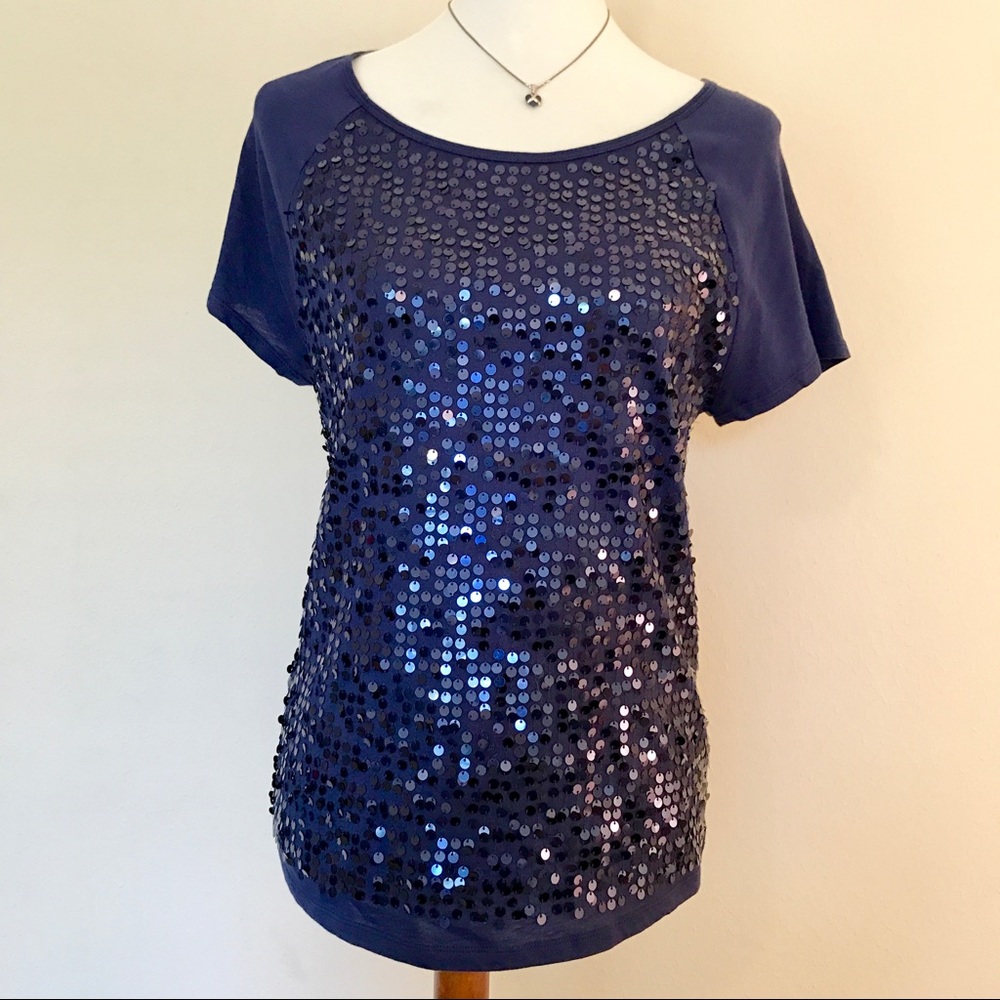 L O F T : Navy Blue Sequin Tee Shirt